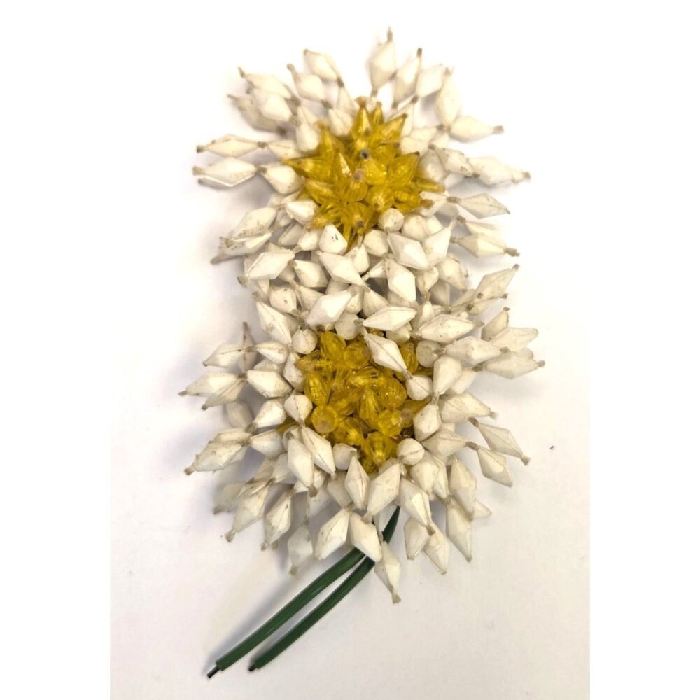 Vintage Floral Beaded Brooch Pin White & Yellow Plastic With Green Stem Backing